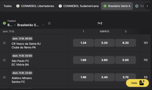 Brasileirão Série A na Brazino777 com odds 1x2: Vasco x Remo 1.34, 5.20 e 8.20 com 121 mercados, São Paulo x Vitória 1.68, 3.80 e 5.00 com 112 mercados e Atlético Mineiro x Santos 1.96, 3.40 e 3.70